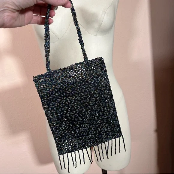 Art deco Vintage Vanessa glass beaded black aurora borealis evening bag - Picture 4 of 17